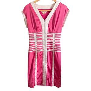 90's Vintage Issue Pink Stretch Satin Retrosport style Piped Dress | 8